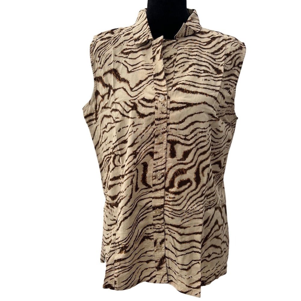 Erika Womens Brown Tan Zebra Animal Print Sleeveless Button Down Shirt Size M